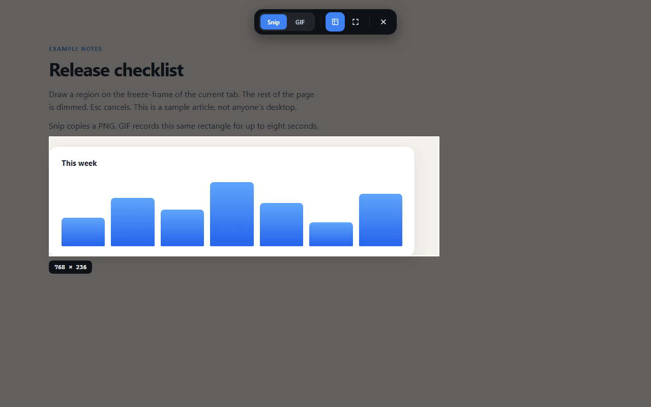 NullClipper's capture overlay over a web page: the page dimmed, a Snip/GIF toolbar at the top, and a selected rectangle with a 768 × 236 size badge