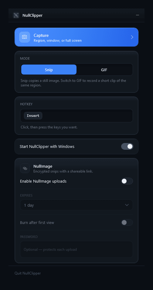 NullClipper's Windows Settings window with Snip/GIF mode, the hotkey recorder, start with Windows, and NullImage options